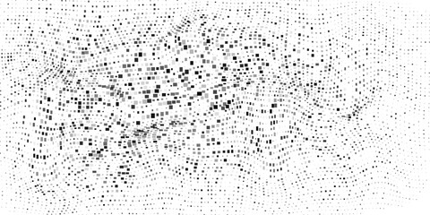 Flowing dots particles wave pattern 3D curve halftone black gradient curve shape isolated on white background. Vector in concept of technology, science, music, modern