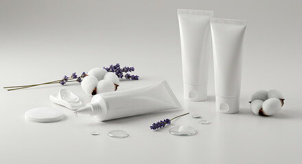 Display of unbranded cosmetic or pharmaceutical tubes&mdash;white or metallic&mdash;on a clean background, with gentle shadows and hints of related props (e.g., cotton, herbs).


