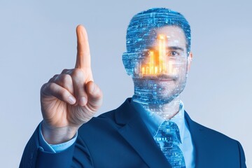 Businessman in suit with digital interface concept, showing growth analytics and data visualization through innovative augmented reality technology