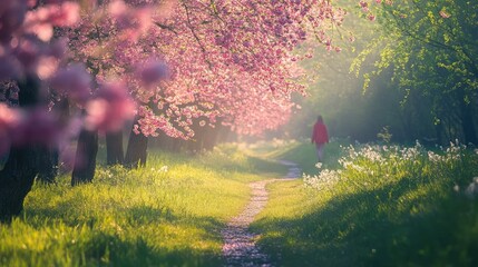 Fototapeta premium A person walking on a path in a park with cherry blossom trees and green grass on a bright sunny day