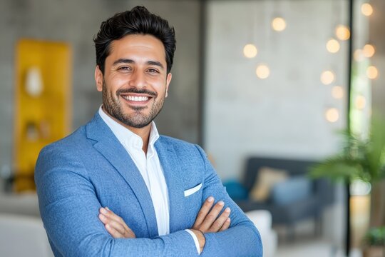 Confident professional man smiling in a modern office setting with stylish decor and bright lighting, showcasing a positive work atmosphere and personal connection