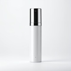 Elegant white bottle with metallic pump, showcasing cosmetic packaging concept and modern design on white background