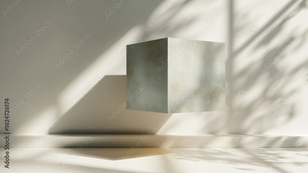 Sticker abstract floating cube with soft shadows in minimalist interior