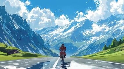 Motorcyclist riding on a scenic road among mountains and greenery. Ideal for advertising travel and motorcycles.
