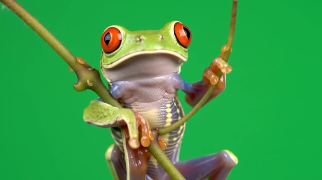 Red-Eyed Tree Frog Climbing Vine in Slow Motion &ndash; Crisp Green Screen Macro of Exotic Amphibian with Subtle Limb Motion

