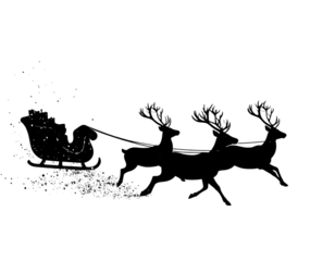 Santa’s Sleigh Silhouette with Two Reindeer and Snow Trails, Angled Upward, Isolated on White