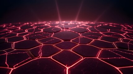 Obraz premium An abstract background featuring a network of glowing red lines illuminating the dark surface of tessellated hexagon shapes with a soft light shining from the horizon.