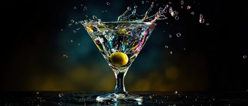 The dynamic splash of a martini with an olive in colorful ambience.