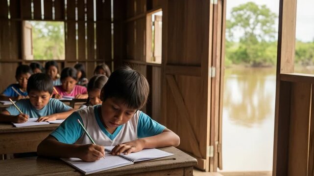 Indigenous Children Studying in Notebooks at Riverside Wooden School