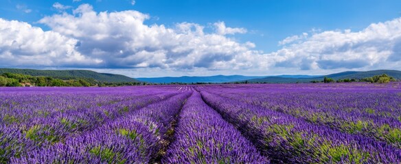 Fototapeta premium The Lavender Fields Glowing Under a Bright Blue Sky and Fluffy Clouds