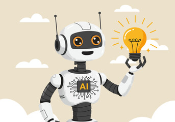 Friendly Robot Holding a Bright Idea Lightbulb Symbolizing Artificial Intelligence Innovation and Technological Advancement