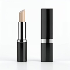 Obraz premium Elegant close-up of light beige lipstick with sleek black packaging for beauty promotion on white background