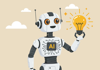 An Intelligent Robot Character Holding a Bright Idea Light Bulb Symbolizing Innovation and Artificial Intelligence Technologies