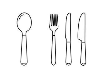 Set of Four Classic Eating Utensils Including a Spoon and Three Knives and Forks for Dining and Meal Preparation and Serving Food