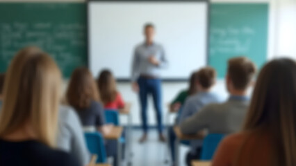 A blurred classroom image shows the backs of students in poor detail. A teacher stands in front of a digital display or whiteboard, taken from the back of the classroom.