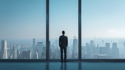 Fototapeta premium Man gazing at city skyline through large glass window during daylight hours