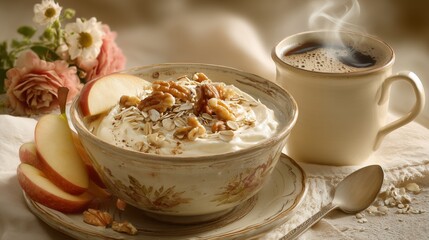 A rustic yogurt bowl with oats, walnuts, and apple slices, accompanied by steaming coffee and fresh flowers, creates a cozy morning scene.