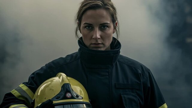 Portrait of Female Firefighter Holding Helmet with Serious Expression &mdash; Smoke in Background