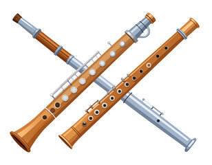  Stylized Vintage Wind Instrument Set Featuring Clarinet and Flute, Flat Vector Illustration, White Background