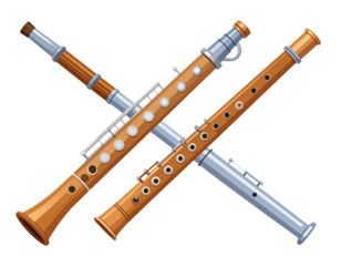  Stylized Vintage Wind Instrument Set Featuring Clarinet and Flute, Flat Vector Illustration, White Background