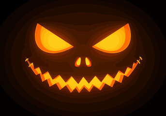 Fototapeta premium Gleaming Jack O Lantern Grinning Wide with Fiery Eyes Against a Dark Void Embodying the Spirit of Halloween Night