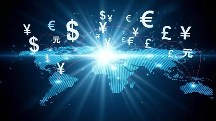 Blue world map with currency symbols dollar euro yen pound and yuan connected by red lines with light - Powered by Adobe