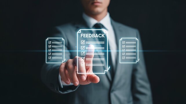 Illustration of businessman touching a digital feedback form on a screen, surrounded by other documents