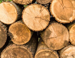 Close Up of Rustic Tree Log Pile with Natural Growth Rings and Rough Bark Texture