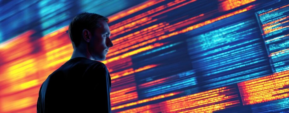The Man Analyzing Data Against a Vibrant Digital Background