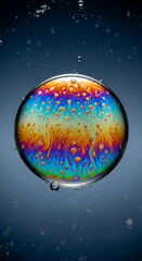 Fototapeta premium Close-up of iridescent soap bubble, showcasing vibrant rainbow colors and intricate patterns, symbolizing uniqueness, fragility, and ephemeral beauty