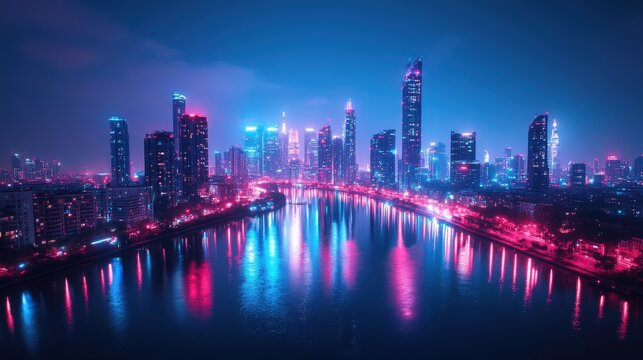 Vibrant city skyline at night reflecting on water - Powered by Adobe