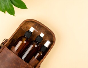 Compact Travel Toiletry Bottles Set with Brown Leather Case on Soft Beige Background 
