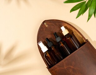Compact Travel Toiletry Bottles Set with Brown Leather Case on Soft Beige Background 