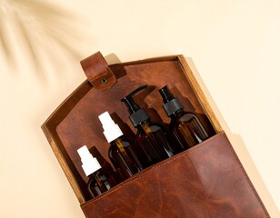 Compact Travel Toiletry Bottles Set with Brown Leather Case on Soft Beige Background 