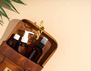 Compact Travel Toiletry Bottles Set with Brown Leather Case on Soft Beige Background 