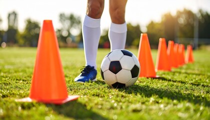 A dynamic, low-angle action shot of a player's feet skillfully dribbling a soccer ball through a line of orange cones