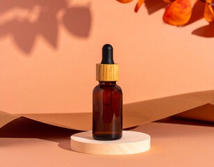 Cosmetic Dropper Bottle in Brown Glass Reflecting Warm Evening Sunlight on Minimal