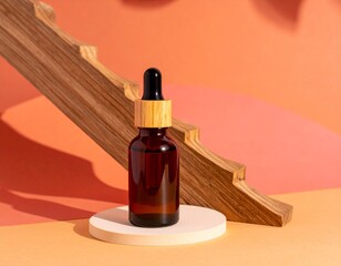 Cosmetic Dropper Bottle in Brown Glass Reflecting Warm Evening Sunlight on Minimal