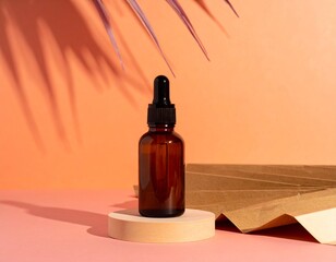 Cosmetic Dropper Bottle in Brown Glass Reflecting Warm Evening Sunlight on Minimal