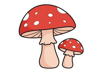 Two Cute Cartoon Styled Fly Agaric Mushrooms Standing Next to Each Other on a White Background with a Focus on Their Red Caps and White Spots