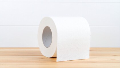 White toilet paper roll on wooden surface with loose sheets