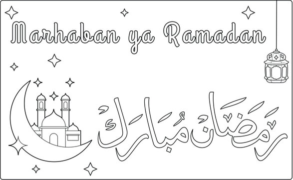 Coloring Book Marhaban ya Ramadan coloring page with mosque, crescent moon, stars and Ramadan Mubarak greeting