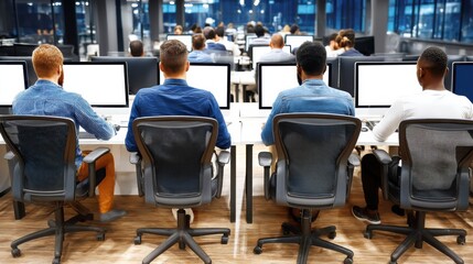 People working on computers in a modern office environment with multiple monitors and collaborative workspace