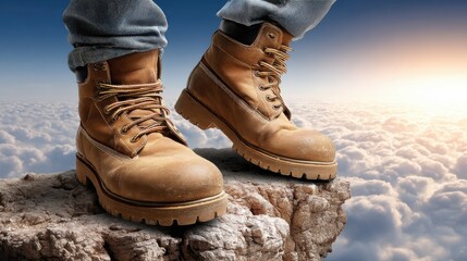 Climber's boots standing on rocky surface above clouds during sunrise