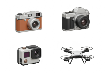 Photo of a collection of various cameras and a drone isolated on transparent background, showcasing different styles and technologies in photography