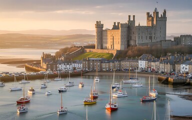 Majestic medieval castle overlooking a bustling harbor filled with sailboats at sunset architecture