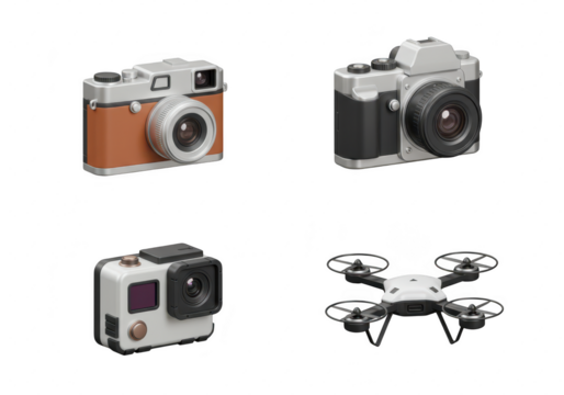 Photo of a collection of various cameras and a drone isolated on transparent background, showcasing different styles and technologies in photography