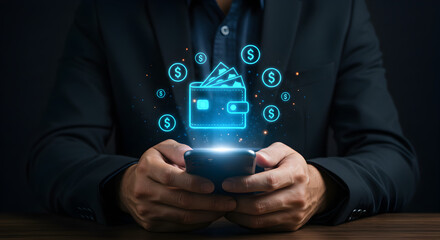 Businessman holding a smartphone with a glowing neon icon of a digital wallet, concept of online payment and financial technology.