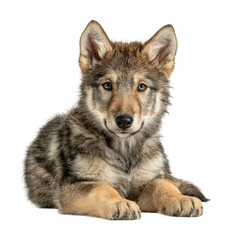 Fototapeta premium Playful wolf pup portrait in wildlife natural light isolated on transparent background