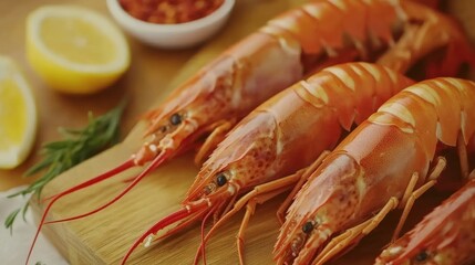 Fresh prawns on a wooden board, with lemon and spices
